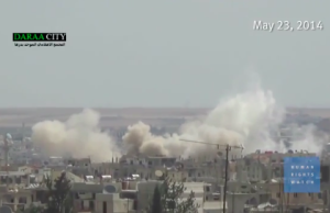 Still from a video produced by Human Rights Watch showing a barrel bomb explosion (http://multimedia.hrw.org/distribute/iyvtqzelcp)