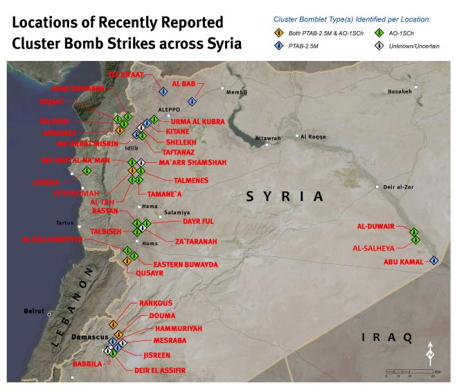 Syrian forces bombard towns with cluster bombs and other explosive weapons  