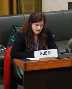 Mia Gandenberger of WILPF delivers their statement for International Women's Day at the Conference on Disarmament (WILPF)