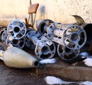 Remnants from 6 Uragan cluster munition rockets that struck Starobeshevo, Ukraine in February. (Ole Solvang/Twitter https://twitter.com/OleSolvang/status/566619633130954752)