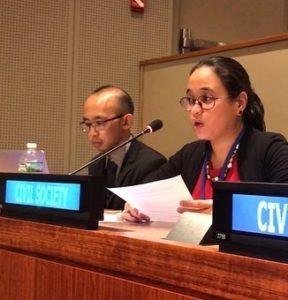 Mitzi Austero of Nonviolence International Southeast Asia delivers the joint statement to First Committee (Photo: Nonviolence International New York/Instagram)